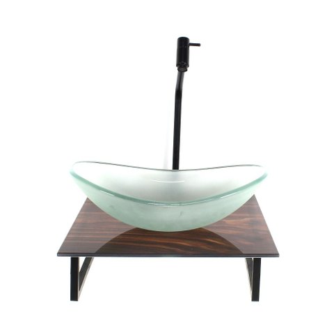 Gabinete de Vidro com Cuba Oval Jateada com Tampo de Vidro 40cm X 40cm Madeira Nogueira