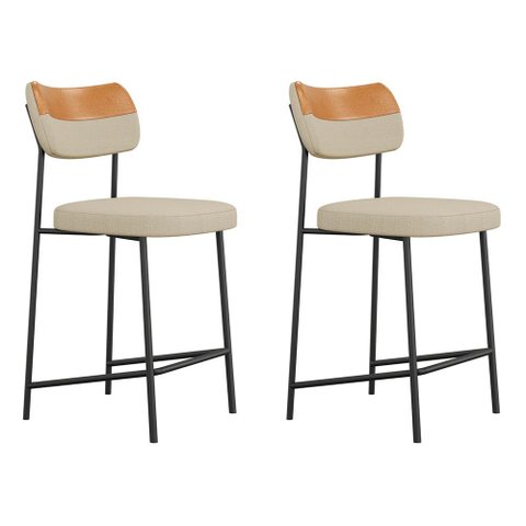 Kit 02 Banquetas Médias Cozinha Lila Estofada Couríssimo Whisky Linho Bege - Desk Design