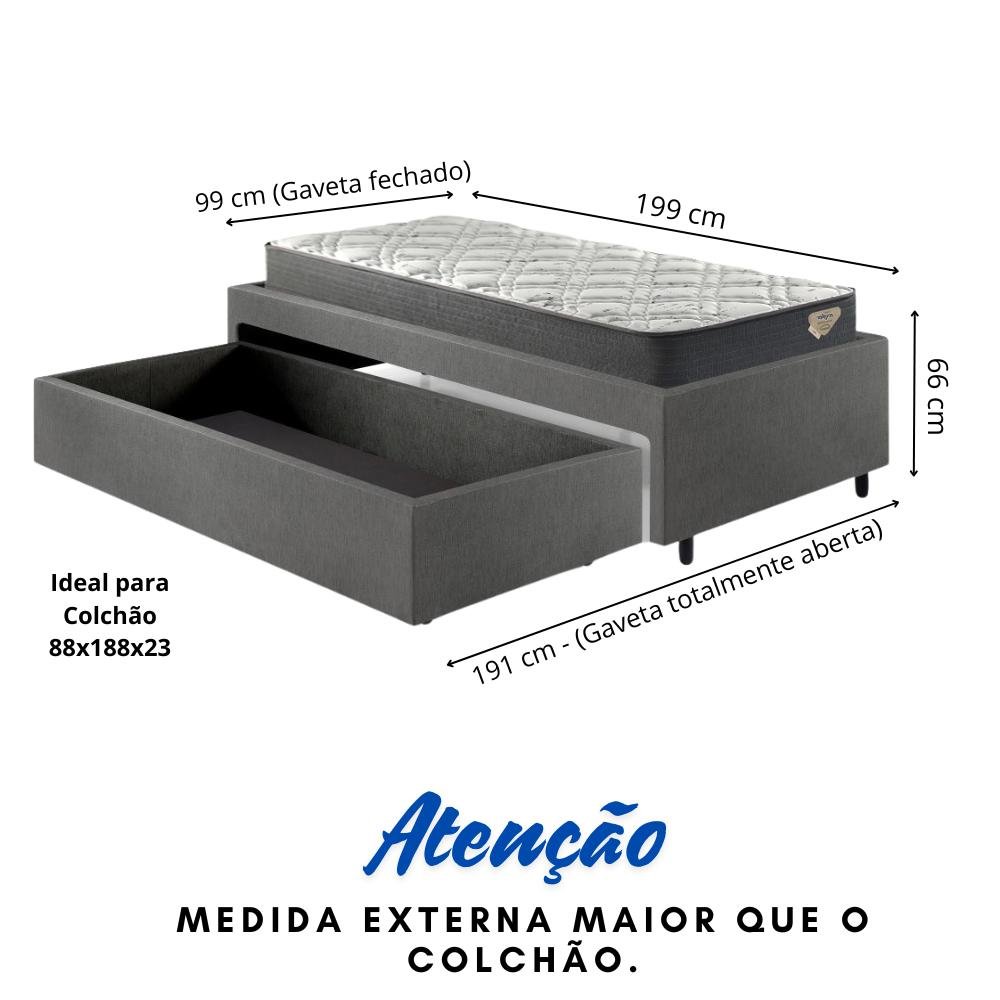 Cama Box Solteiro com Gaveta 88x188 cm Revestida em Courino Linho Cinza com Colchão Adapto Ecoflex - 5