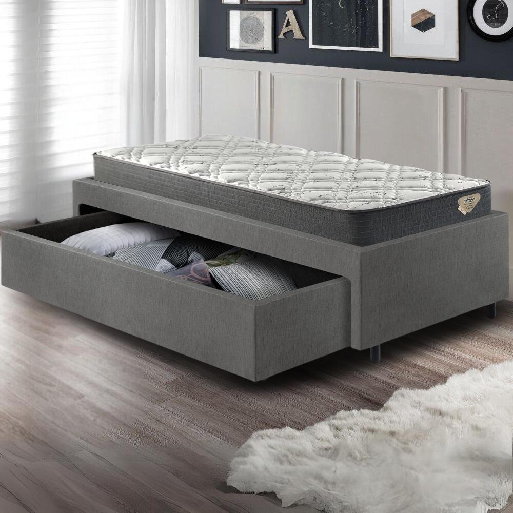 Cama Box Solteiro com Gaveta 88x188 cm Revestida em Courino Linho Cinza com Colchão Adapto Ecoflex - 6