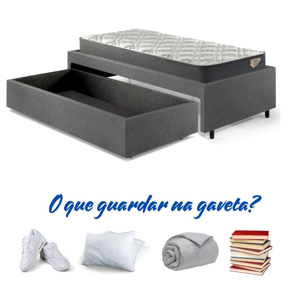 Cama Box Solteiro com Gaveta 88x188 cm Revestida em Courino Linho Cinza com Colchão Adapto Ecoflex - 11