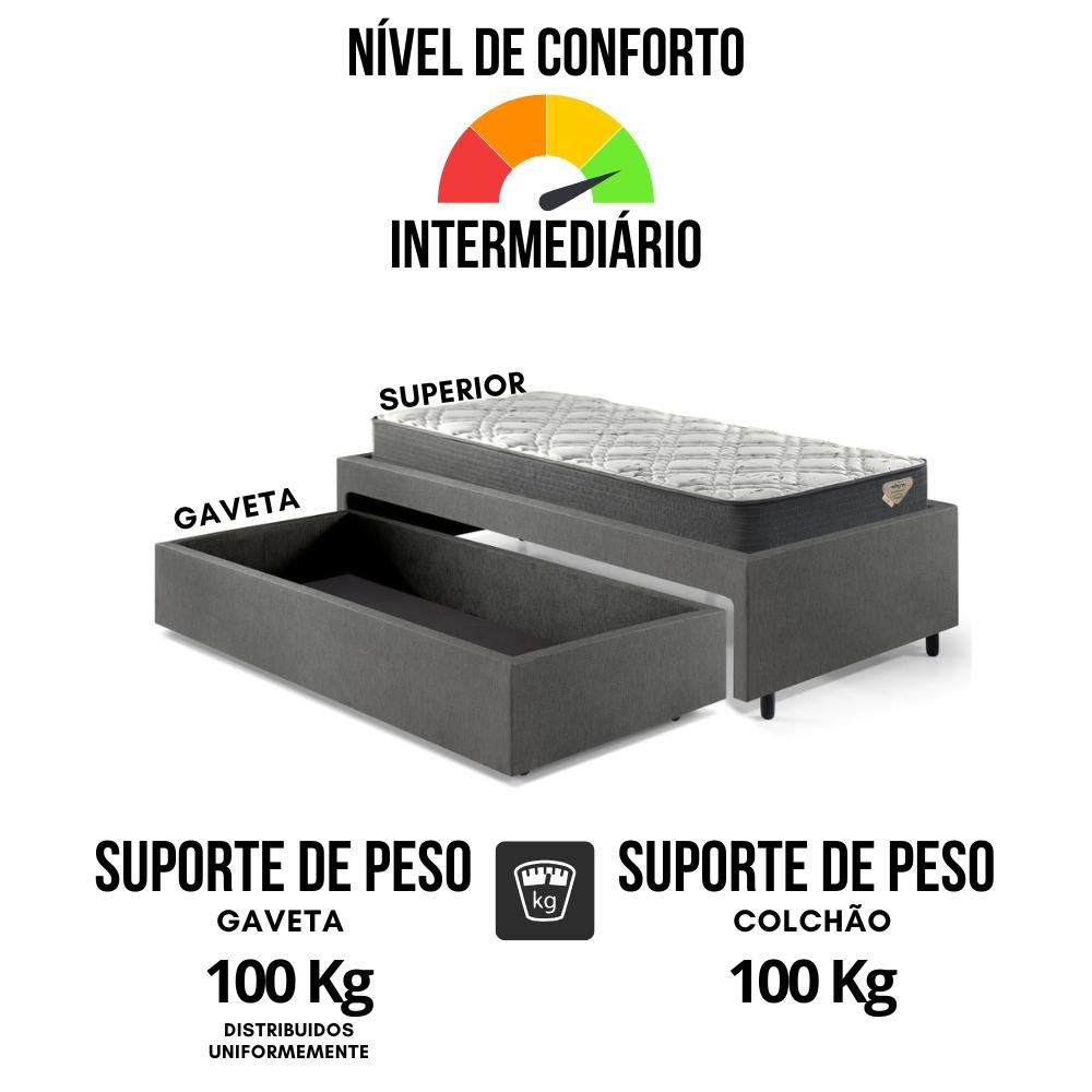 Cama Box Solteiro com Gaveta 88x188 cm Revestida em Courino Linho Cinza com Colchão Adapto Ecoflex - 9