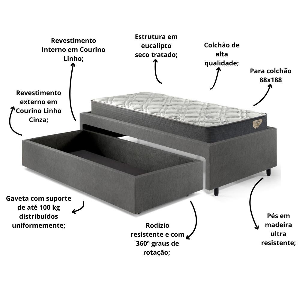 Cama Box Solteiro com Gaveta 88x188 cm Revestida em Courino Linho Cinza com Colchão Adapto Ecoflex - 7