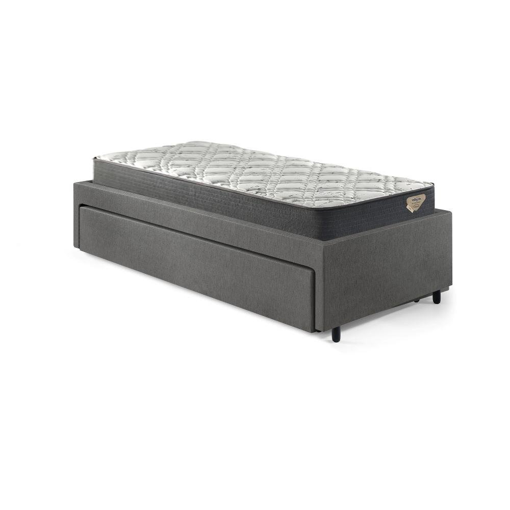 Cama Box Solteiro com Gaveta 88x188 cm Revestida em Courino Linho Cinza com Colchão Adapto Ecoflex - 2