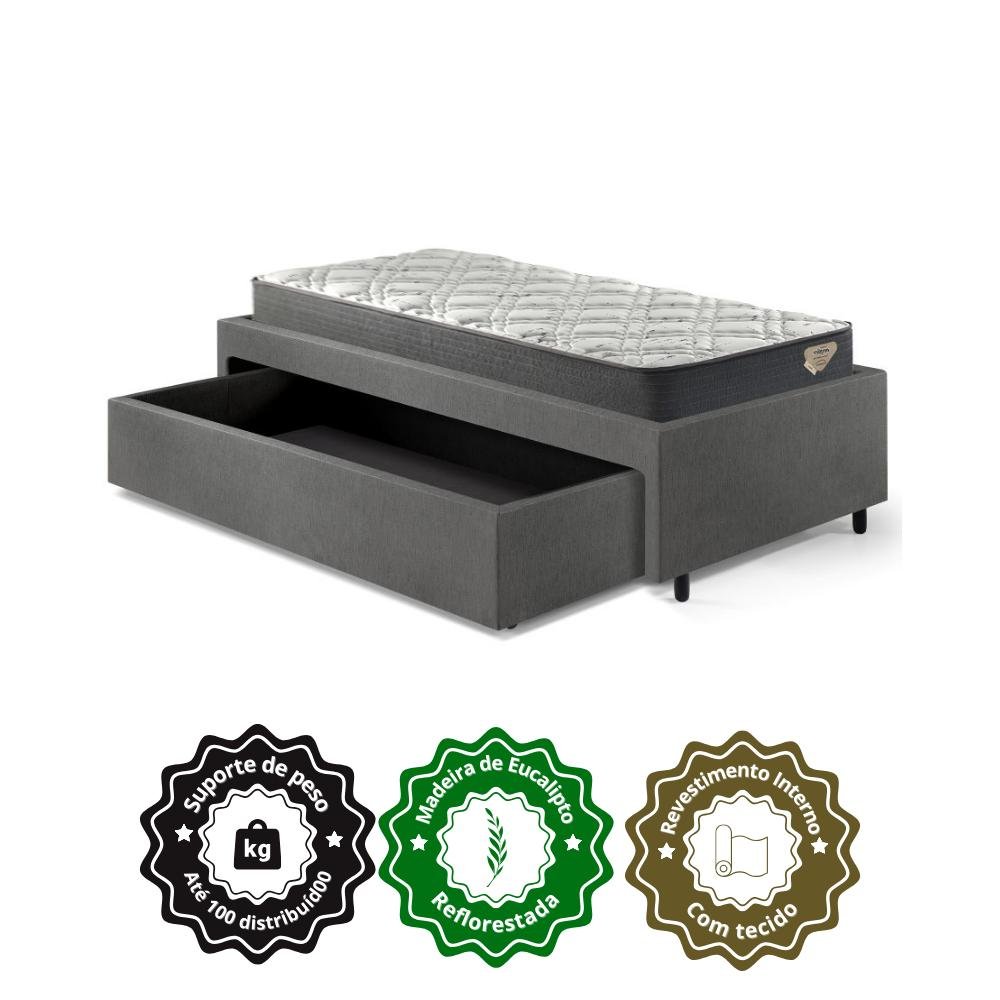 Cama Box Solteiro com Gaveta 88x188 cm Revestida em Courino Linho Cinza com Colchão Adapto Ecoflex - 8