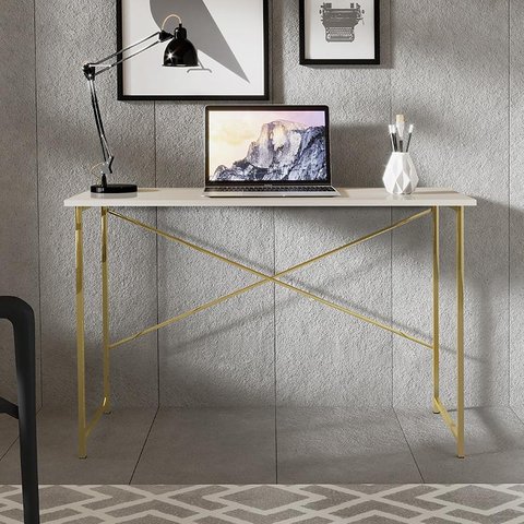 Escrivaninha Steel 90 cm Estilo Industrial com Pés em Aço Dourado/Off White