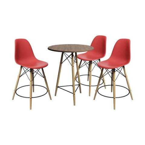 Conjunto Mesa Bistrô Eames Eiffel Amêndoa Com 3 Banquetas Vermelhas De Madeira - Cor: Marrom