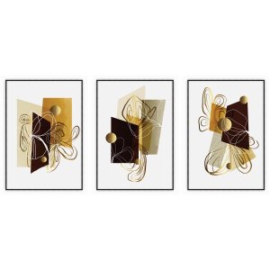 kit com 3 Quadros Decorativos Abstratos com Moldura e Vidro para Sala Quarto Escritório e Clínica 72