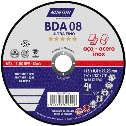 Disco de Corte com Depressão Central BDA 08 115x0,8x22,23mm - 66252920338 - NORTON