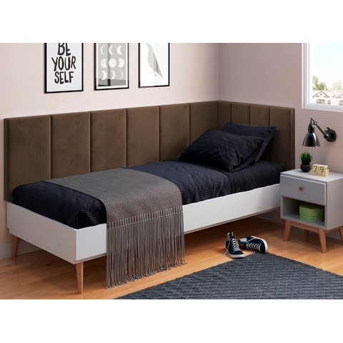 Conjunto Cabeceira Painel Estofada para Cama de Solteiro - Marrom