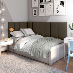 Conjunto Cabeceira Painel Estofada para Cama de Solteiro - Marrom - 2