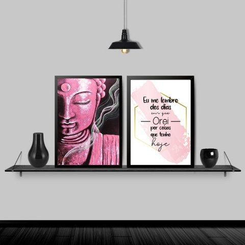 Kit 2 Quadros Buda Rosa Dias Que Orei 33x24cm:Madeira branca