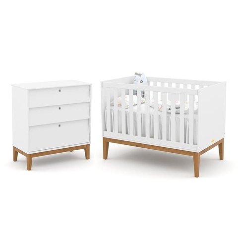 Jogo de Quarto Infantil Unique com Cômoda 3 Gavetas e Berço Branco Soft/eco Wood - Matic Móveis