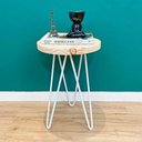 Ver imagem 1 de Mesa Lateral Circular de Ferro e Madeira Industrial HairPin Natural e Branco