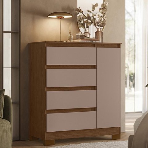 Cômoda com Sapateira Lipion A02 4 Gavetas MDF-MDP Nogueira-Cappuccino Mpozenato