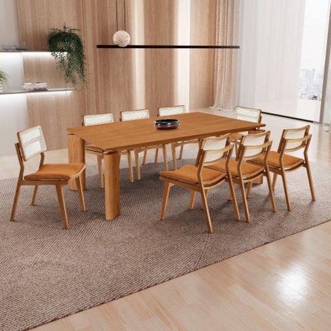 Sala de Jantar Mesa Nala 220cm Tampo Laminado Canto Moeda com 8 Cadeiras Eva Premium