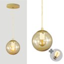 Ver imagem 1 de Pendente Ouro C/ Globo de Vidro Ambar de 14cm + Led 2w