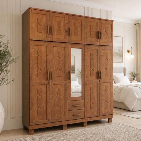 Guarda Roupa Casal Lorie F06 10 Portas de Bater 2 Gavetas Madeira Maciça com Espelho Castanho Lyam