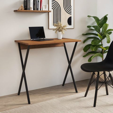 Mesa de Escritório X 80x46 para Trabalho e Estudo com Base em Ferro - Ferro Preto Tampo Amêndoa