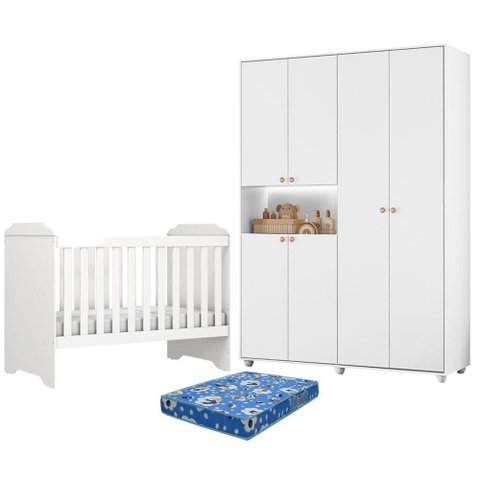 Berço Americano Mini Cama Mel com Colchão Ortobom com Guarda Roupa Infantil Vittoria 6 Portas Branco