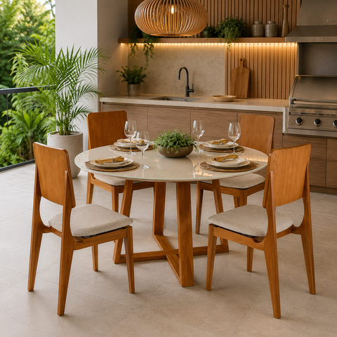 Conj Mesa Redonda 110cm Tampo Vidro 4 Cadeira Madeira Maciça Sala Jantar Area Gourmet