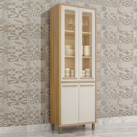 Armário Paneleiro 4 Portas com Vidro Torino Bege/Cinamomo/Off White