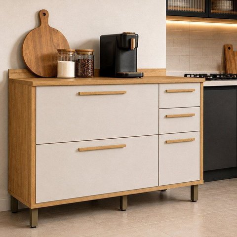 Balcão para Cozinha 3 Portas 2 Gavetas 120cm Torino Bege/Cinamomo/Off White