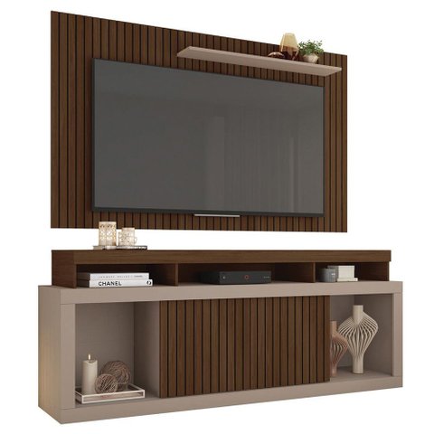 Conjunto Painel e Rack Bancada Toquio 180cm Mdp Portas de Correr Ripado Havana/fendi G11 - Gran Belo