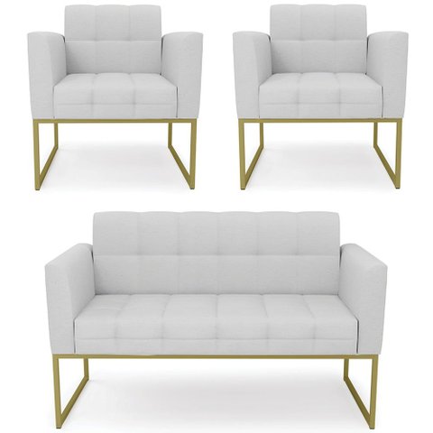 Sofá Namoradeira e 2 Poltronas Base Industrial Dourado Ana Linho Cinza - Ibiza