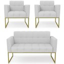 Ver imagem 1 de Sofá Namoradeira e 2 Poltronas Base Industrial Dourado Ana Linho Cinza - Ibiza