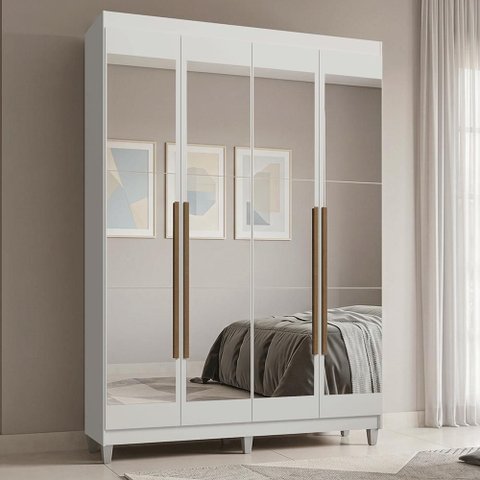 Guarda-Roupa Solteiro com Pés 4 Portas Batentes com Espelhos Branco/Branco/Rustic Saturno Madesa