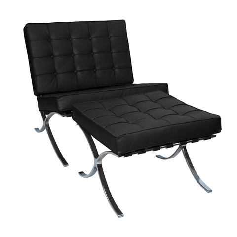 Poltrona com Banqueta Barcelona Base Cromada Couro Ecologico:preto