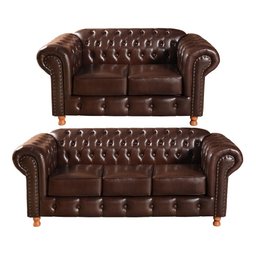 Conjunto Sofá Luís Xv 2 e 3 Lugares Chesterfield Capitonê Retrô - Couríssimo Marrom Café - 1