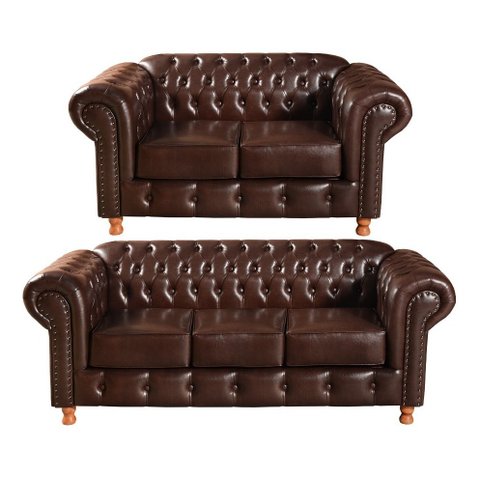 Conjunto Sofá Luís Xv 2 e 3 Lugares Chesterfield Capitonê Retrô - Couríssimo Marrom Café