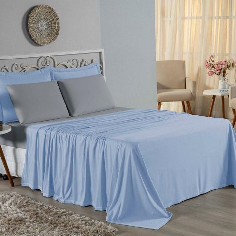 Jogo de Cama Casal Viúva Nobre 4 Peças Malha 100% Algodão - Azul-bebê / Cinza