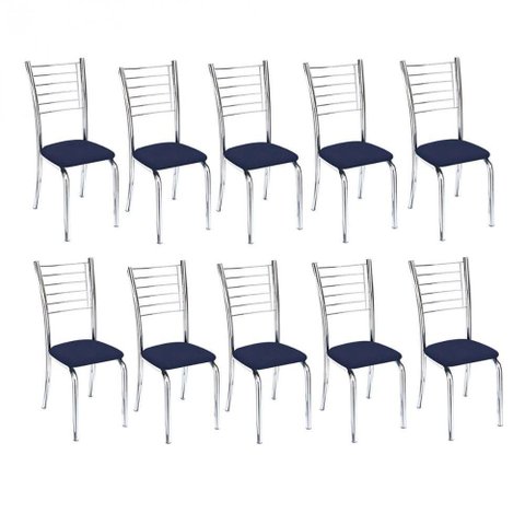 Kit 10 Cadeiras de Jantar Lara Cromada para Cozinha Assento Sintético Azul Marinho - Aurora Line