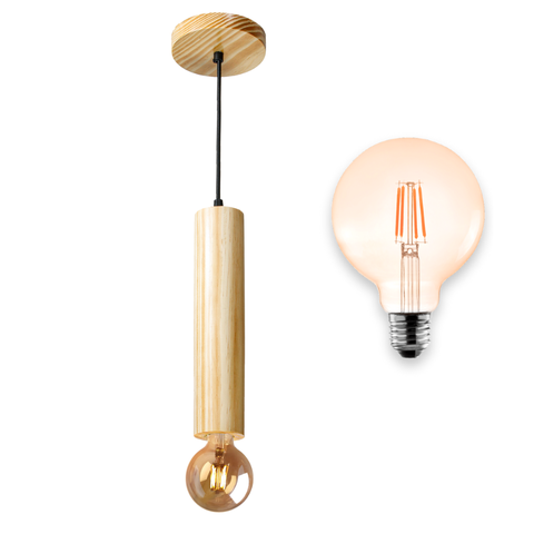 Luminária Pendente Cilindro Tubo de Madeira Maciça 1 Metro E27 Lustre - Natural Moderno + Lâmpada