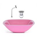 Ver imagem 1 de CUBA DE VIDRO QUADRADA 35CM ROSA + VALVULA + TORNEIRA METAL