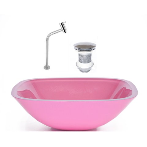 CUBA DE VIDRO QUADRADA 35CM ROSA + VALVULA + TORNEIRA METAL