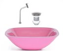 Ver imagem 1 de CUBA DE VIDRO QUADRADA 35CM ROSA + VALVULA + TORNEIRA METAL