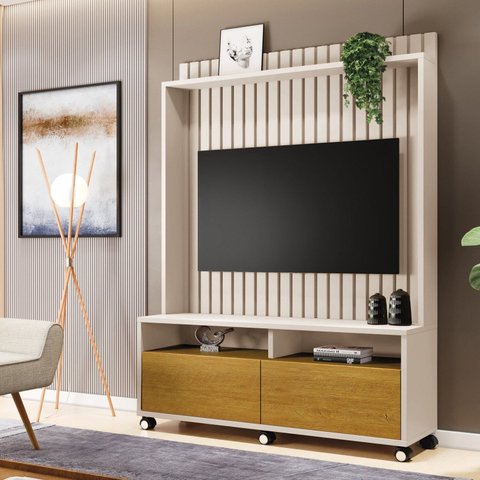Estante Ripado para TV até 50 Polegadas MDF 145CMX190CM Rodízio 2 Gavetas Estilos Bege
