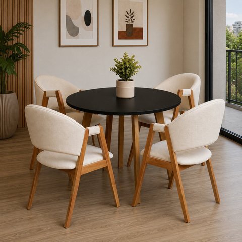 Conjunto Mesa Leda 90cm + 4 Cadeiras Lith Modernas & Sofisticadas