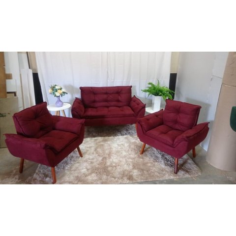 Kit 02 Poltrona Opala + 01 Namoradeira Opala Suede Bordô-pandora Decor