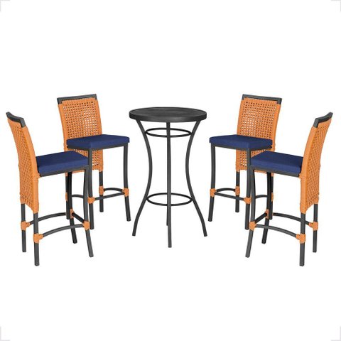 Mesa Bistro e 4 Banquetas Roma Preta Corda Náutica 10 Trama Original