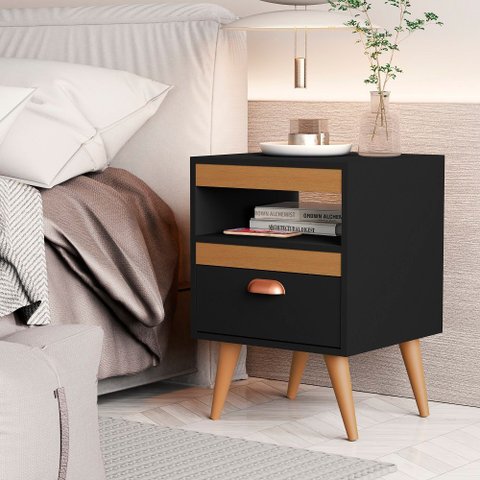 Kit 2 Mesas de Cabeceira com Gaveta Pes Palito Sal Qualitare:preto Cedro
