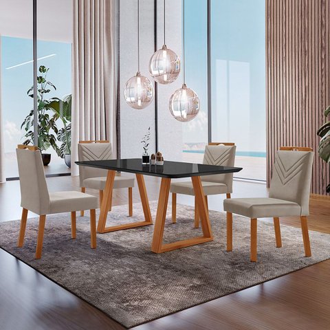 Conjunto Sala de Jantar Mesa Viena Madeira Maciça 140x80cm Tampo Retângular Vidro Preto com 4 Cadeir