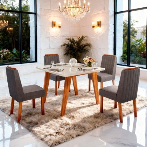 Sala de Jantar 90x90 Mavie Mdf/vidro 4 Cadeiras Linho Chumbo