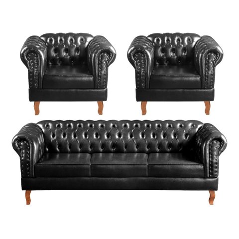 Conjunto Sofá Chesterfield 3 Lugares + 2 Poltronas Dom Pedro - Couríssimo Preto