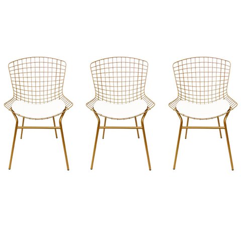 Cadeira para Cozinha Bertoia cor Dourado Fosco assento branco tubular 3 Unidades Poltronas do Sul