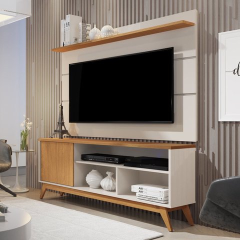 Rack com Painel Retrô para TV até 60 Polegadas MDF 136cmx133cm Pés em Madeira Maciça Malbec Wood Bege Off White/Nature